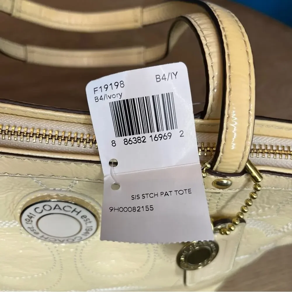 NWT Coach Signature Patent Leather Stitched Stripe Small Tote Butter Cream